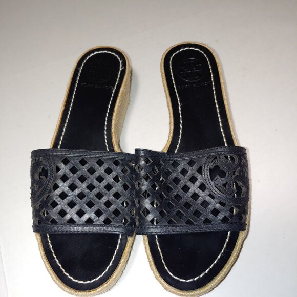 Tory Burch Black Perforated Slide Leather Espadrille Wedge Sandals Size 8 - Picture 3 of 10